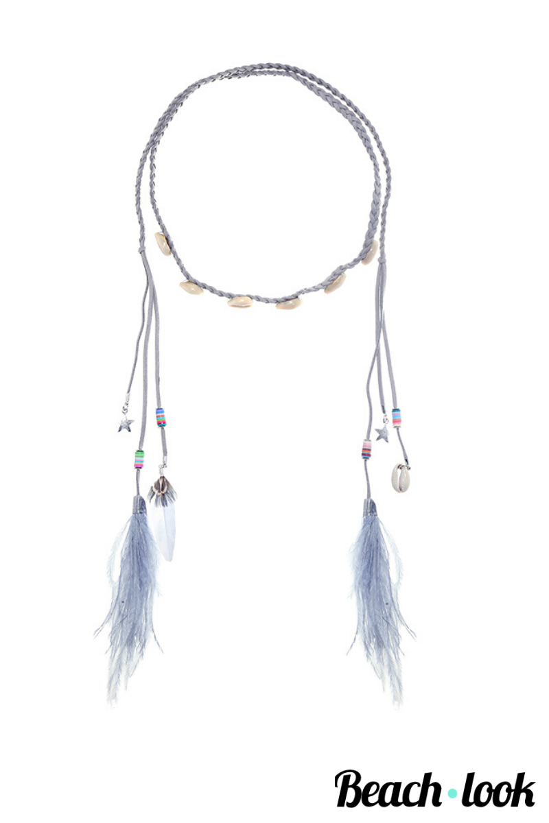 Beach-Look Haarband Boho Beach veren en schelpjes grijs