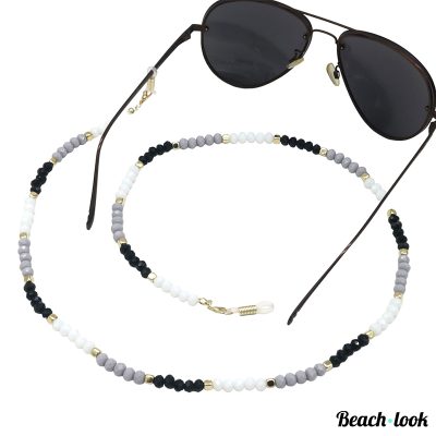 Beach-Look Trendy Brillenkoord met Zwart-Wit-Grijze Facet Kralen en Gouden Details – Must-Have Zomer Accessoire