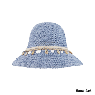 Beach-Look Blauwe Ibiza strandhoed met schelpjes en bedeltjes