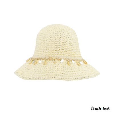 Beach-Look Offwhite Ibiza strandhoed met schelpjes en bedeltjes– Trendy zomerhoed